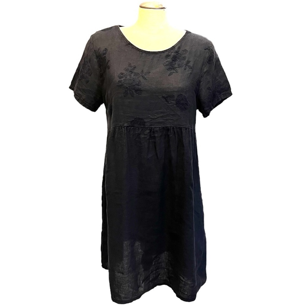 Terzo Millennio 100% Italian Linen Embroidered Lagenlook Dress in Navy
